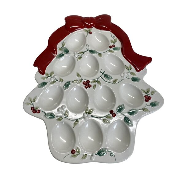 Winterberry Pfaltzgraff Christmas Tree Ceramic Deviled Egg Plate With Holly & Bo - Picture 2 of 6